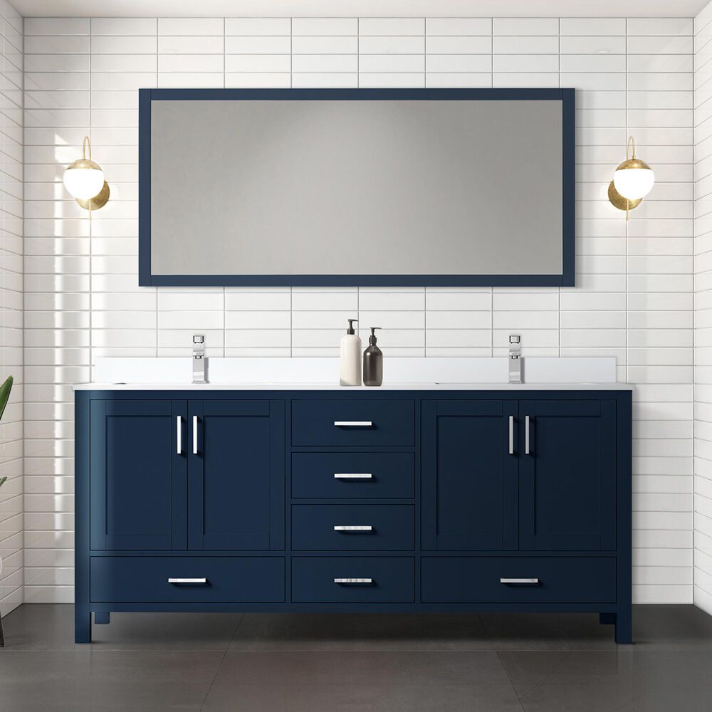 Lexora Home Jacques 72&quot; Double Bathroom Vanity in Navy Blue with 2 cm White Cultured Marble Top and Rectangular Sinks, , large