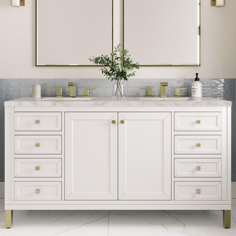 James Martin Vanities Chicago 60&quot; Double Bathroom Vanity in Glossy White with 3 cm Victorian Silver Quartz Top and Rectangular Sinks, , large