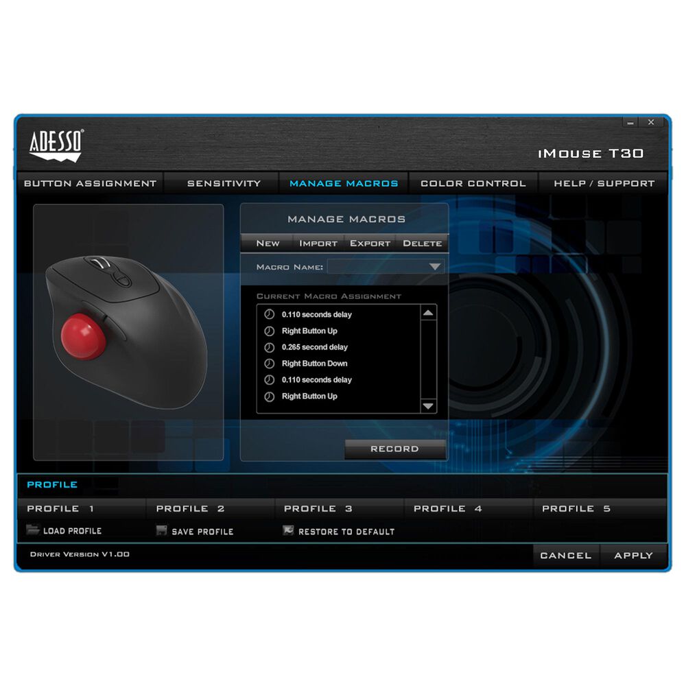 Adesso Wireless Programmable Ergonomic Trackball Mouse in Black, , large