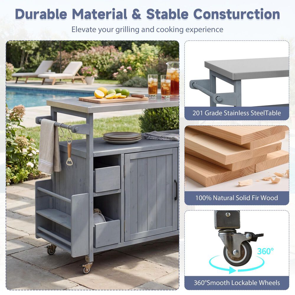 HOMLUX Farmhouse Rolling Outdoor Kitchen Cart with Stainless Steel Top in Blue Gray, , large