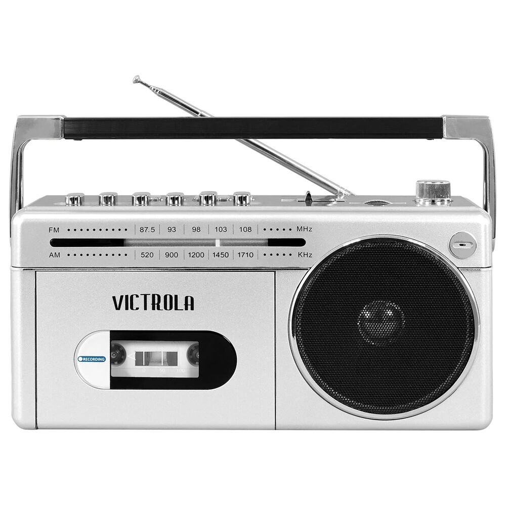 Victrola Mini Bluetooth Boombox with Cassette Player, Recorder and Am/FM Radio in Silver, , large
