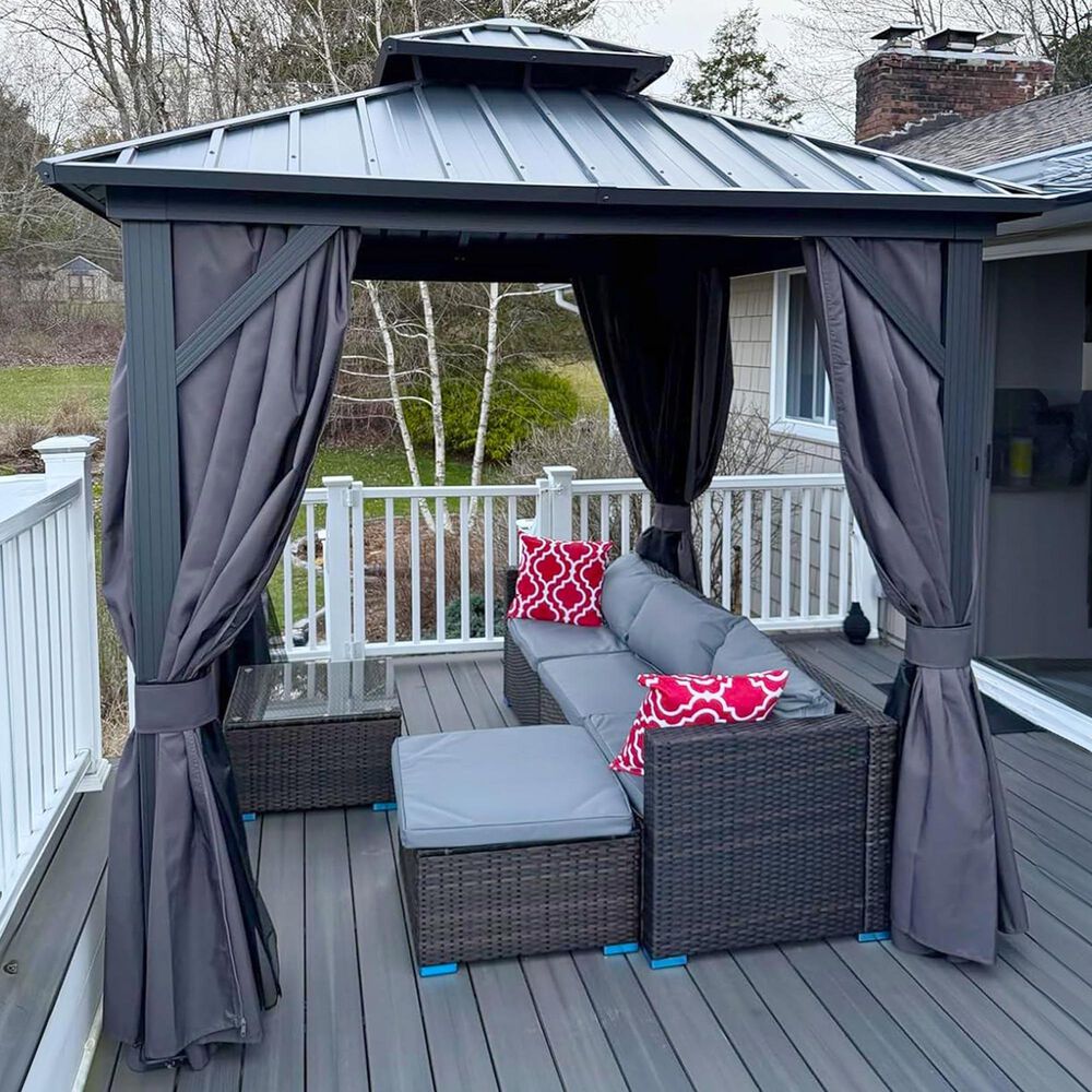 HOMLUX 8" x 8" Outdoor Hardtop Gazebo with Galvanised Steel Roof, Netting, and Curtains in Grey, , large