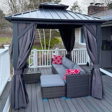HOMLUX 8" x 8" Outdoor Hardtop Gazebo with Galvanised Steel Roof, Netting, and Curtains in Grey, , large