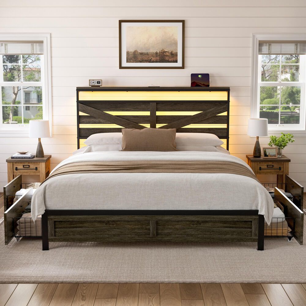 HOMLUX Queen Upholstered Platform Storage Bed Frame in Beige, , large