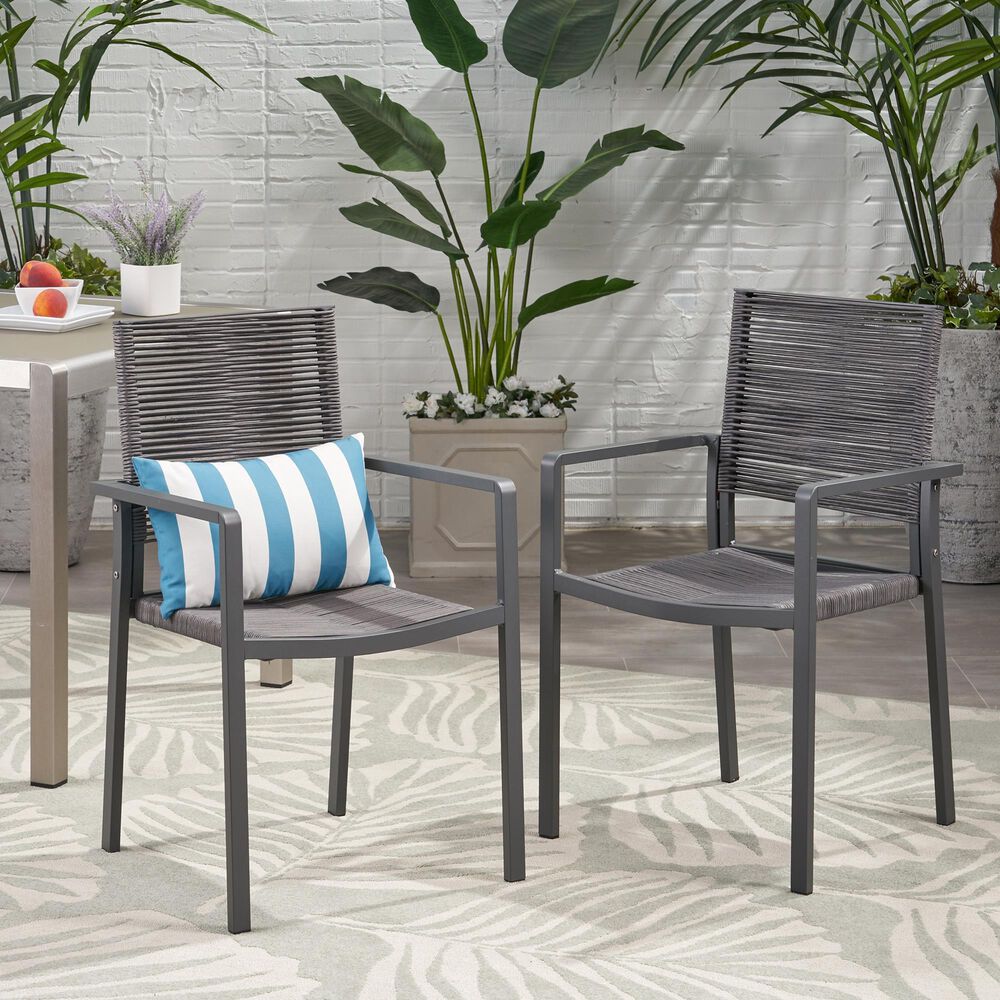 Hearth and Haven Outdoor Modern Aluminum Dining Chair with Dark Gray Rope Weave Seat in Gray &#40;Set of 2&#41;, , large