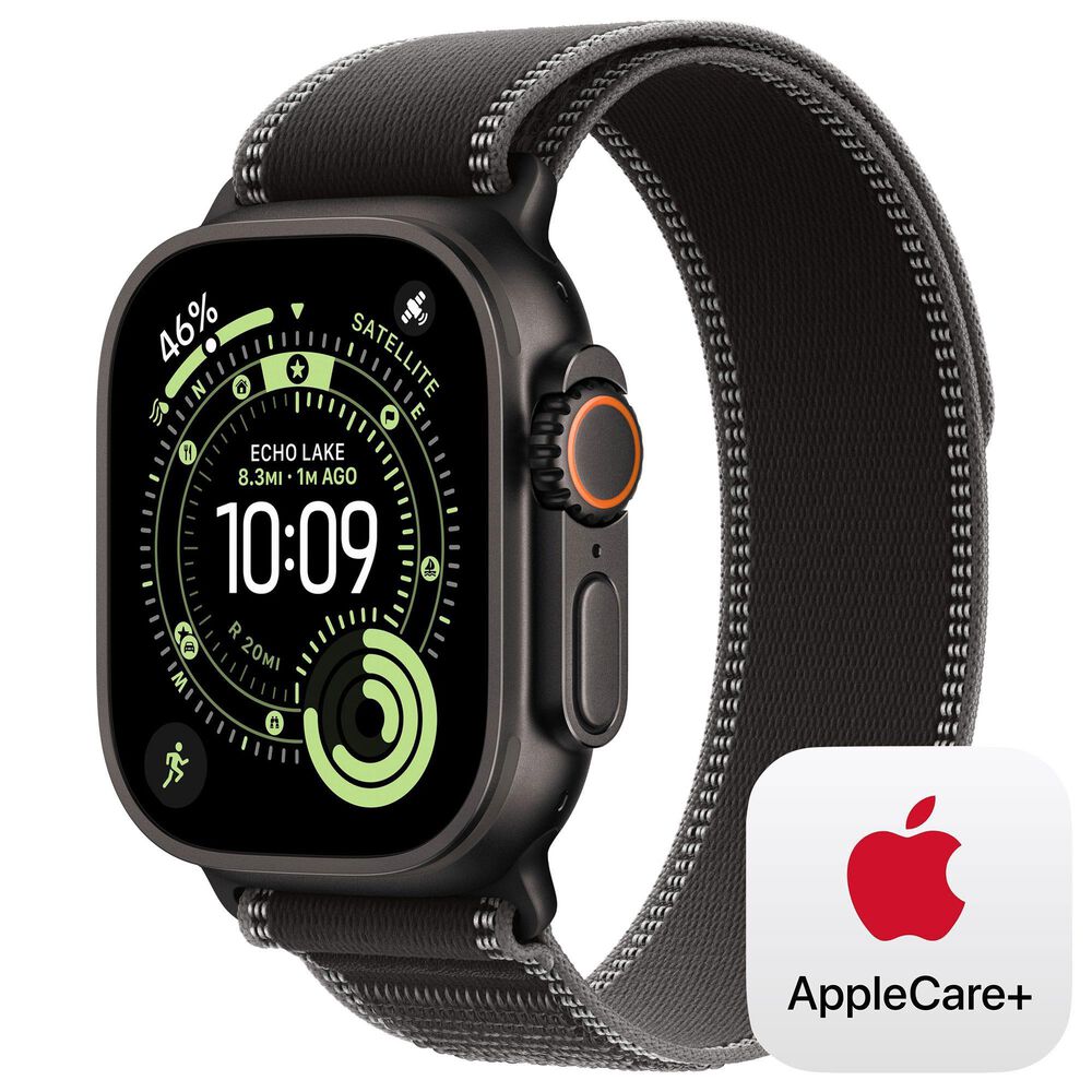 Apple Watch Ultra 3 (GPS+Cellular) 49mm Titanium Case with Black/Charcoal Trail Loop - S/M in Black and 2-Year AppleCare+, , large