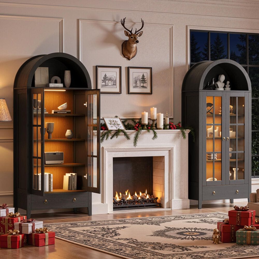 HOMLUX Arched Storage Cabinet with LED Induction Lights in Black, , large