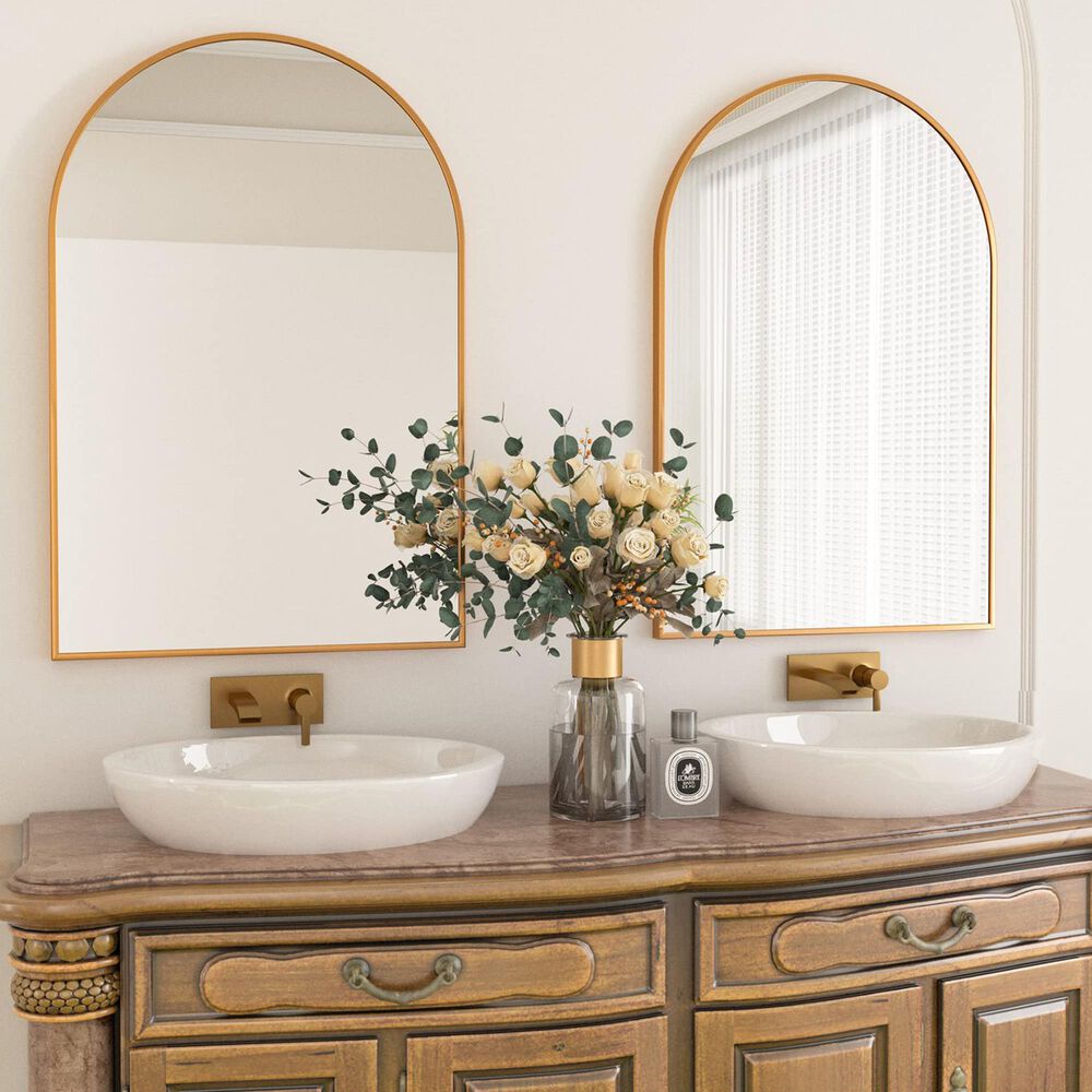 HOMLUX 20" x 30" Arched Mantle Mirror in Gold, , large