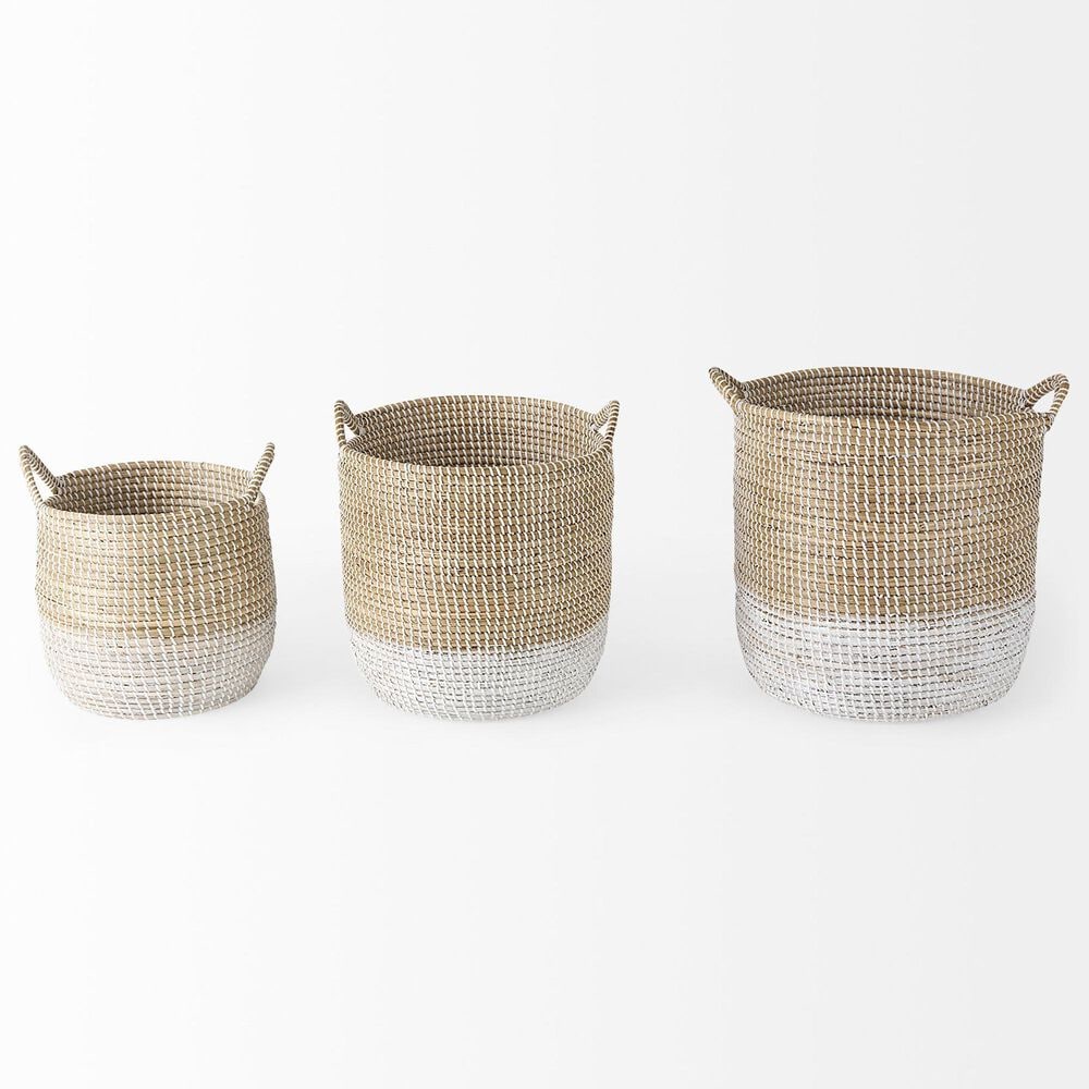 Mercana Maddie Round Basket with Handles in Light Brown and White (Set of 3), , large
