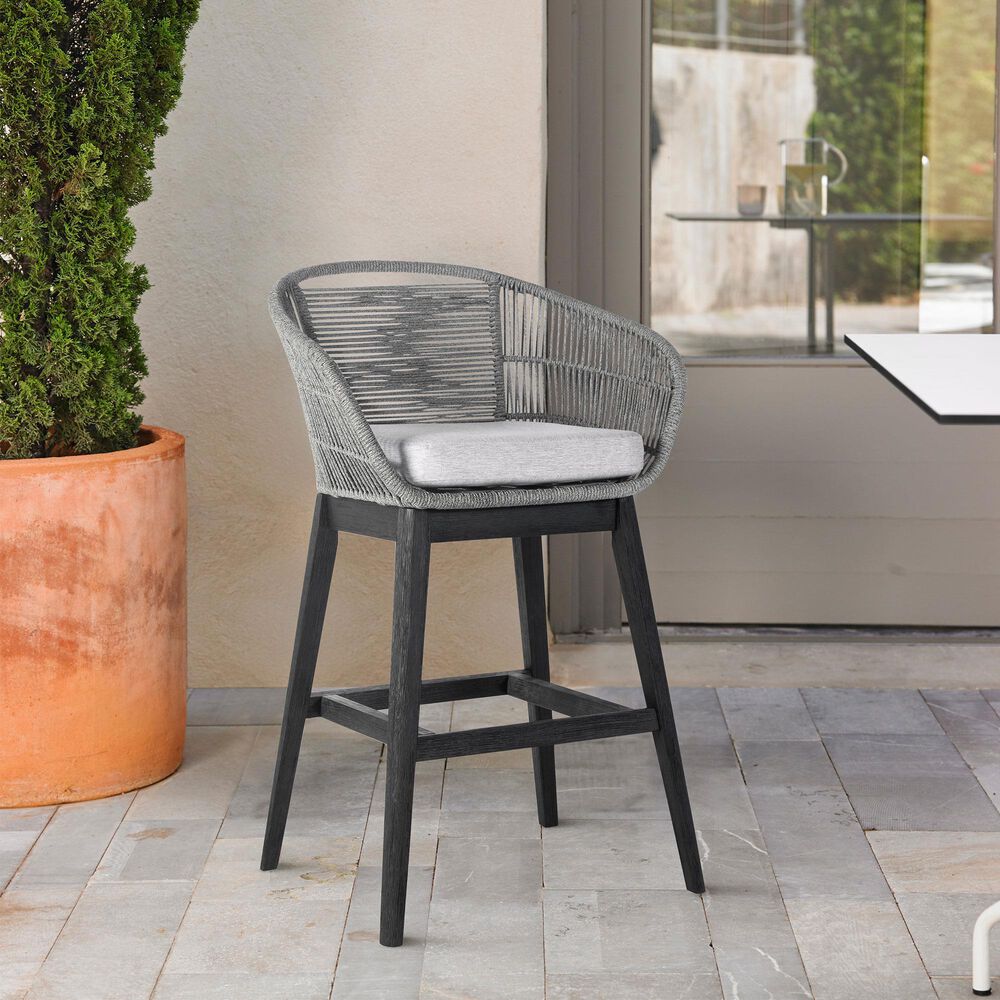 Armen Living Tutti Frutti Patio Counter Height Bar Stool with Light Gray Cushion in Black, , large
