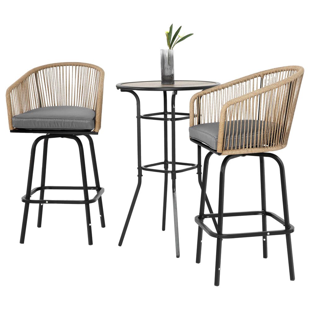 Hearth and Haven 3-Piece Outdoor Patio Bar Set with Gray Cushion in Black, , large