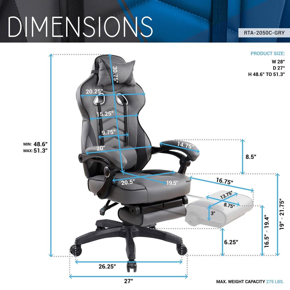 Rta Products Llc Fully Reclining Executive Office Chair with Footrest in Black and Grey, , large