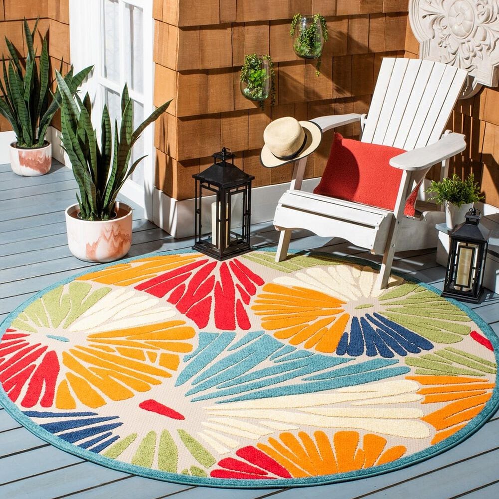 Safavieh Cabana CBN356A 6&#39;7&quot; Round Ivory and Blue Indoor/Outdoor Area Performance Rug, , large