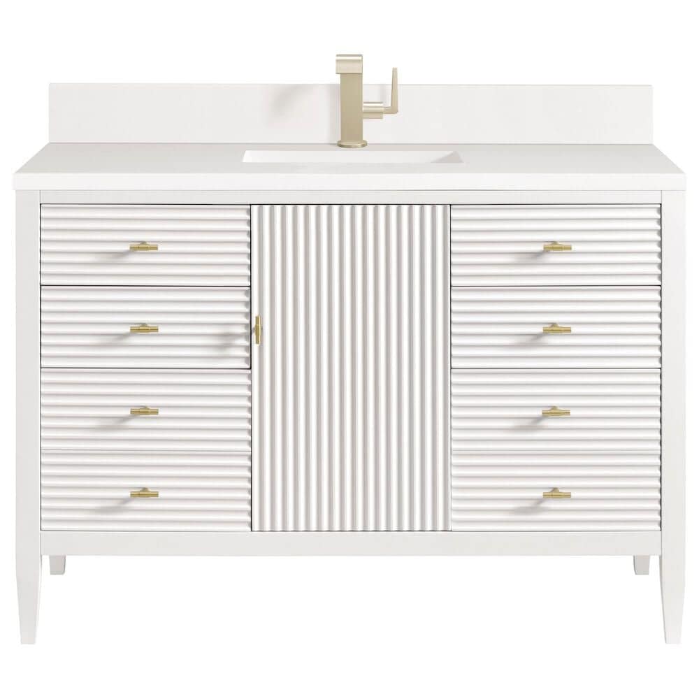 James Martin Vanities Myrrin 48" Vanity in Bright White with Single Hole and 3 cm White Zeus Quartz Top & Backsplash, , large