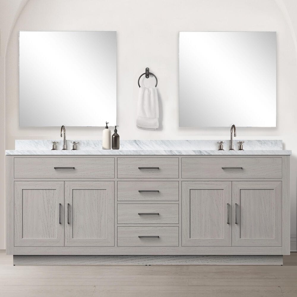 Lexora Home Abbey 84&quot; Double Bathroom Vanity in Black Oak with 2 cm White Carrara Marble Top, Rectangular Sinks and 36&quot; Mirrors, , large