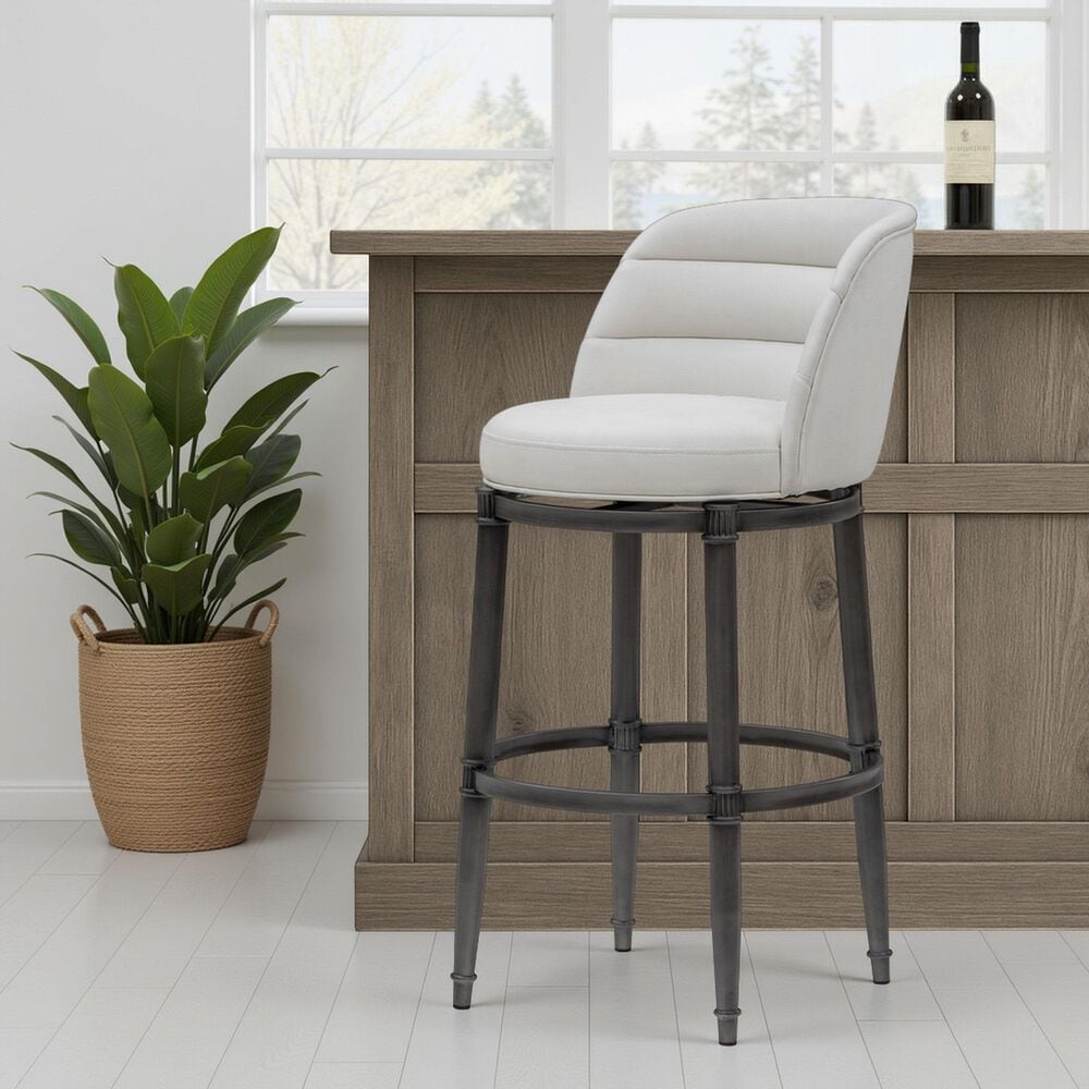 Armen Living Eunice Swivel Bar Height Stool with Ivory Upholstery in Antique Pewter, , large