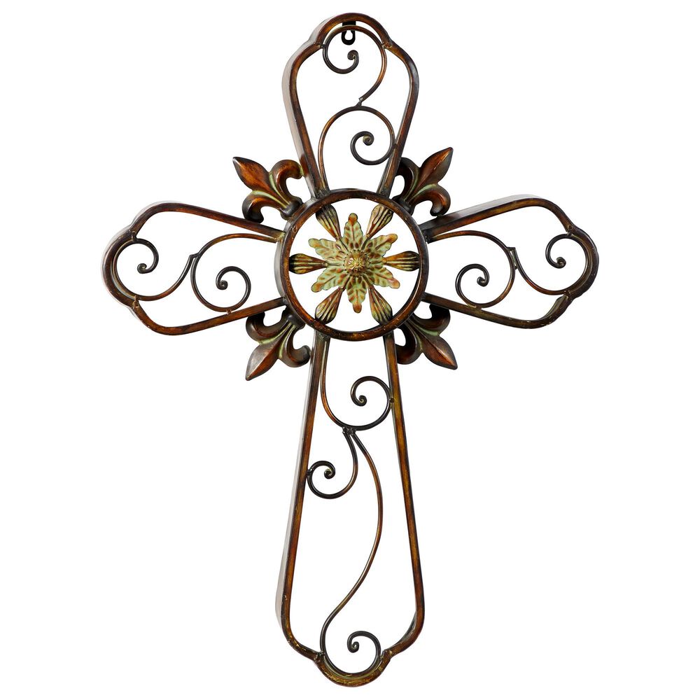 Maple and Jade 29" Fleur-De-Lis Cross in Brown, , large