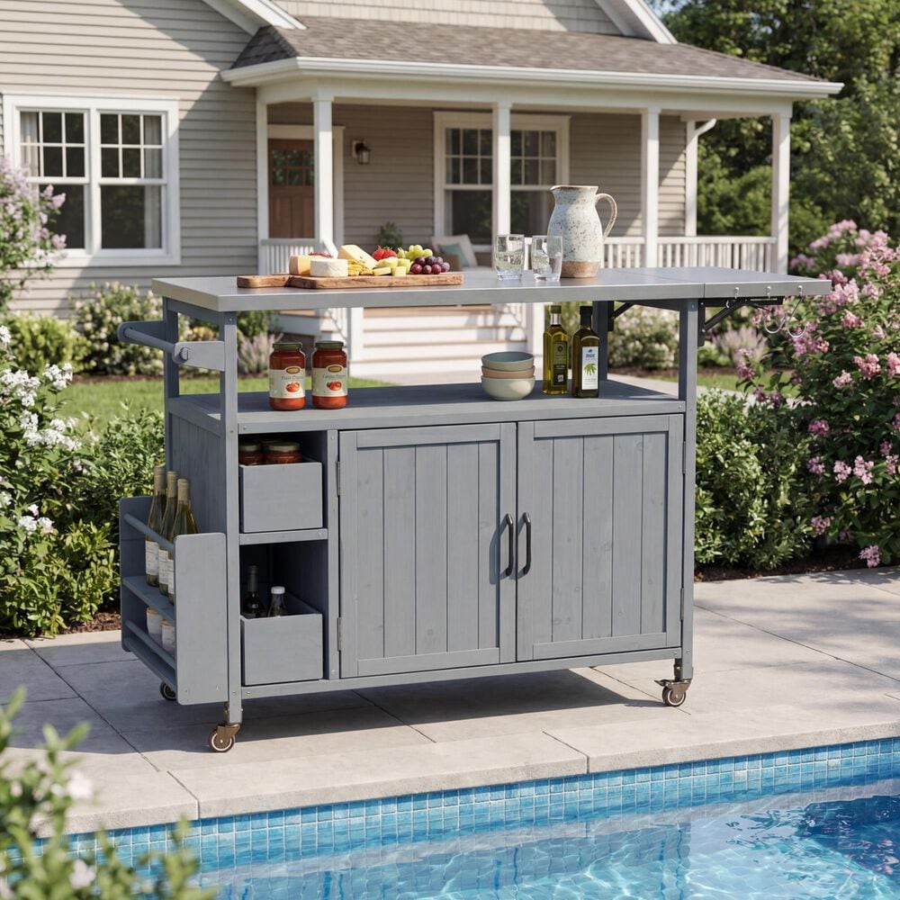 HOMLUX Farmhouse Rolling Outdoor Kitchen Cart with Stainless Steel Top in Blue Gray, , large