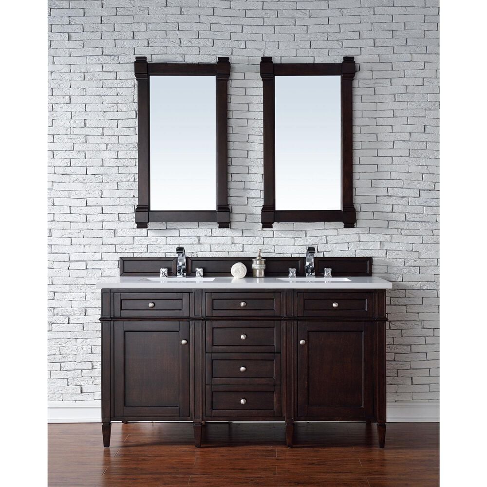 James Martin Vanities Brittany 60&quot; Double Bathroom Vanity in Burnished Mahogany with 3 cm White Zeus Quartz Top and Rectangular Sinks, , large