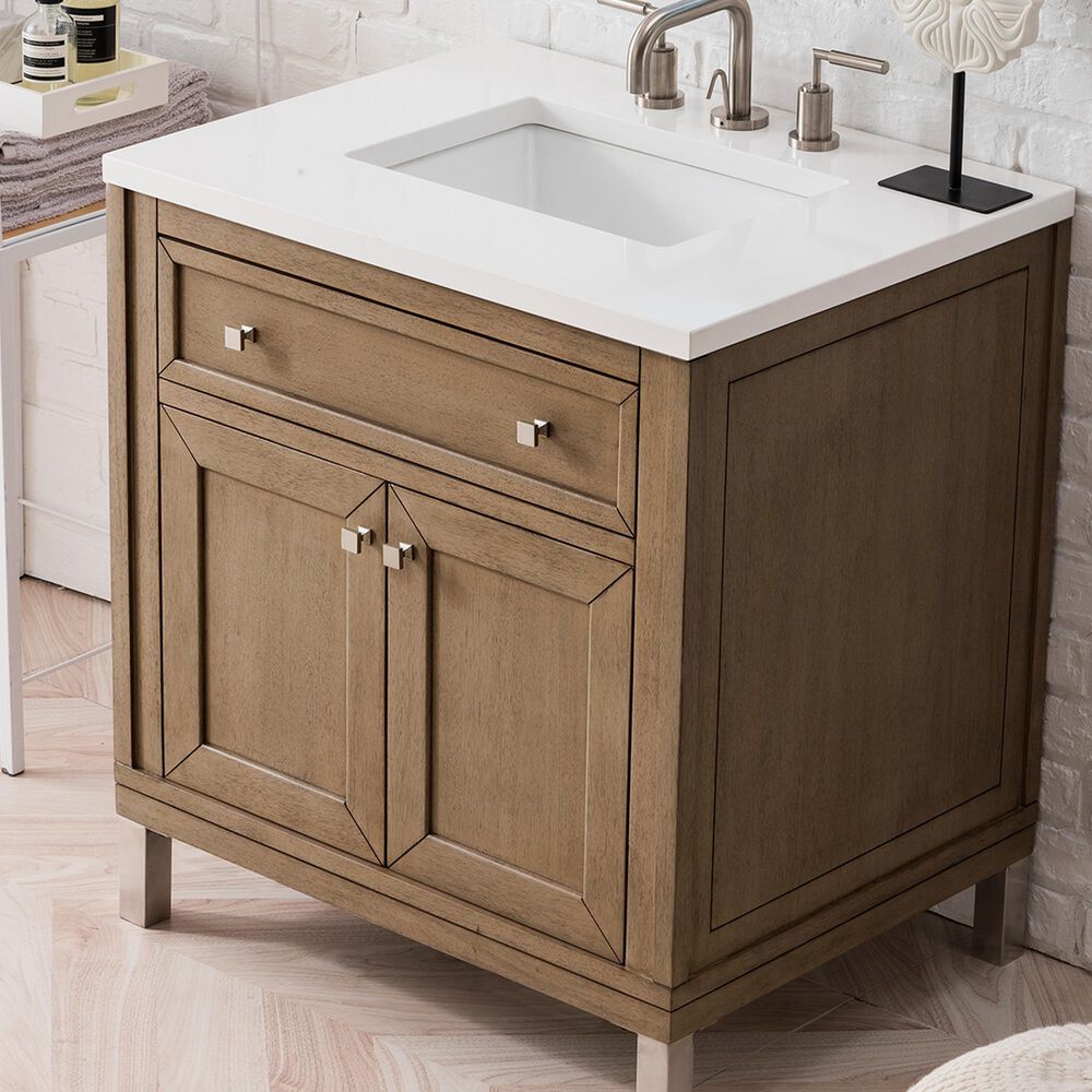 James Martin Vanities Chicago 30&quot; Single Bathroom Vanity in White Washed Walnut with 3 cm White Zeus Quartz Top and Rectangular Sink, , large