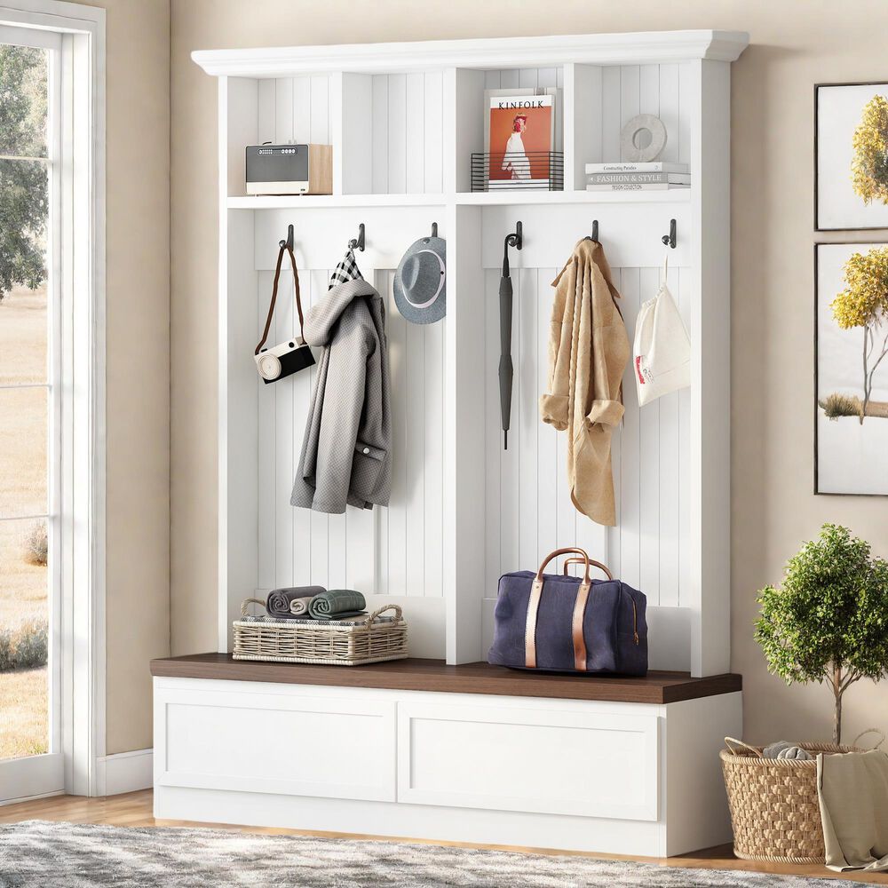 HOMLUX 6-Hook Hall Tree with Wood Grain Bench in White, , large