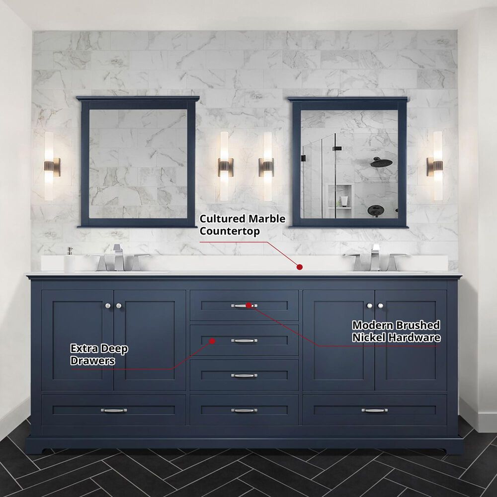 Lexora Home Dukes 80&quot; Double Bathroom Vanity in Navy Blue with 2 cm White Cultured Marble Top and Rectangular Sinks, , large