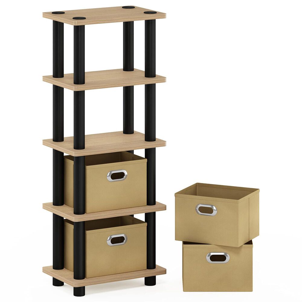 HOMLUX 5-Tier Tall Corner Open Bookshelf with 4 Storage Bins in Oak and Black, , large