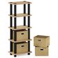 HOMLUX 5-Tier Tall Corner Open Bookshelf with 4 Storage Bins in Oak and Black, , large
