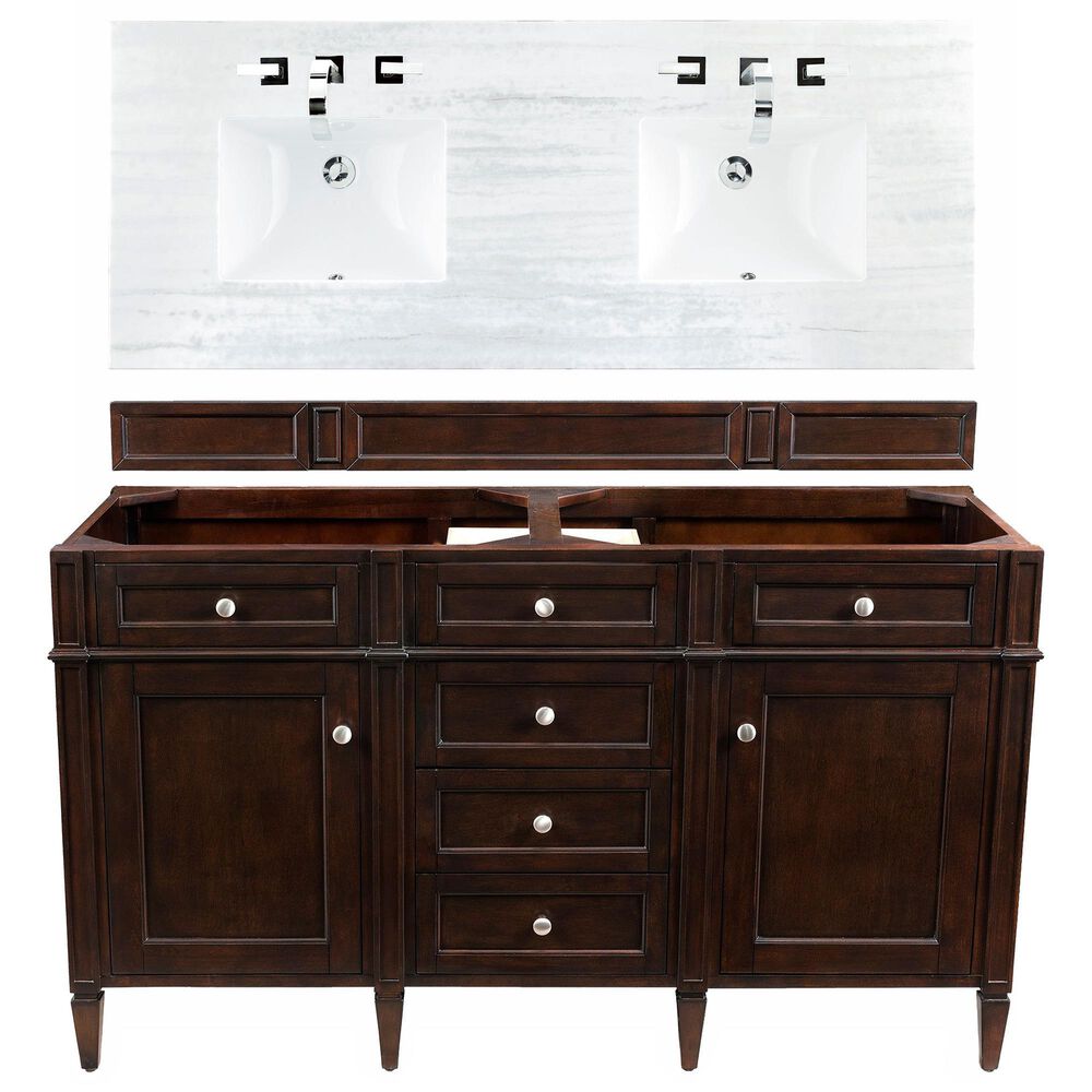 James Martin Vanities Brittany 60" Double Bathroom Vanity in Burnished Mahogany with 3 cm Arctic Fall Solid Surface Top, , large