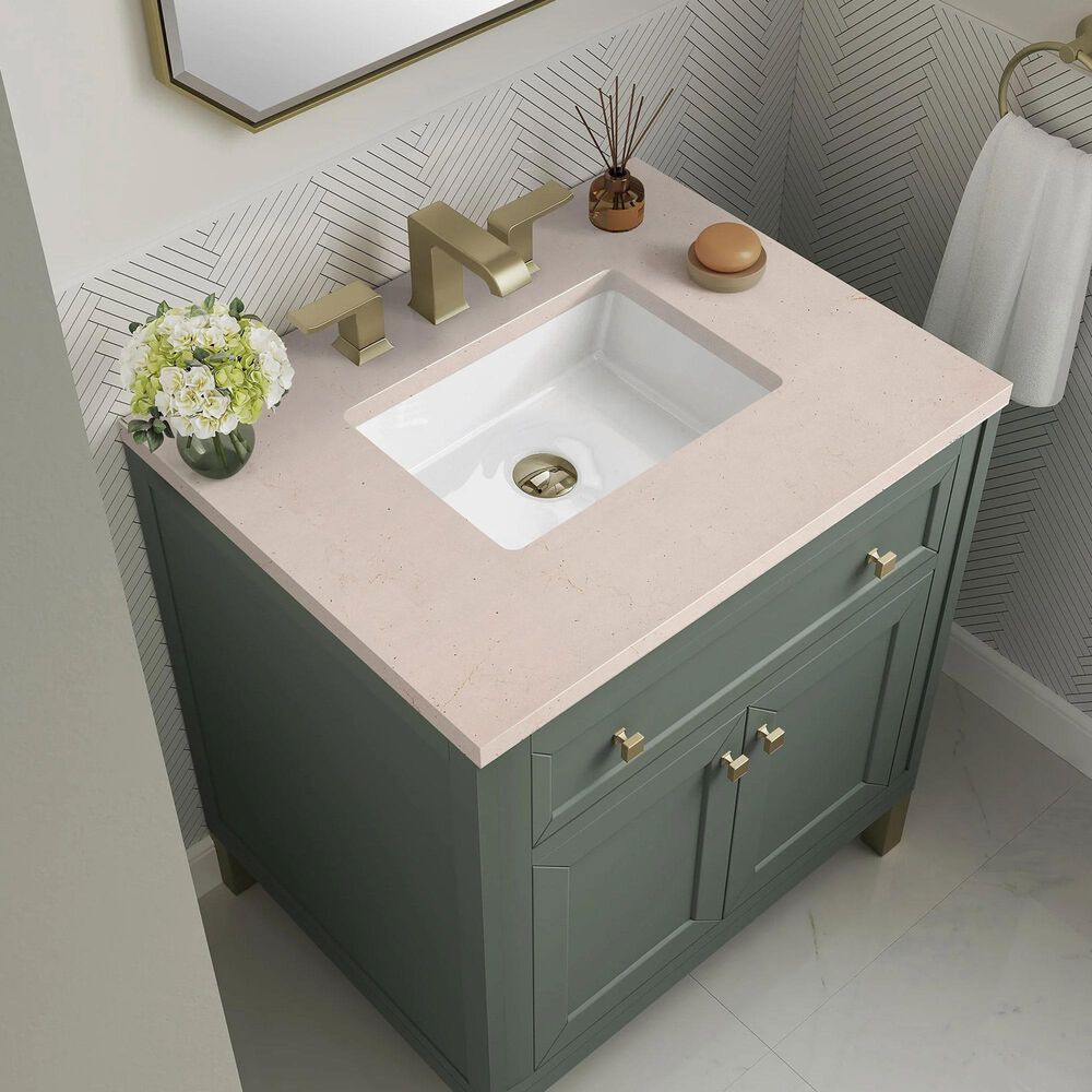 James Martin Vanities Chicago 30&quot; Single Bathroom Vanity in Smokey Celadon with 3 cm Eternal Marfil Quartz Top and Rectangular Sink, , large
