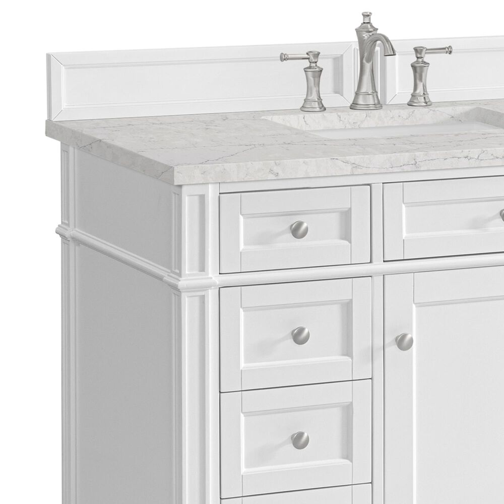 James Martin Brittany 84" Double Bathroom Vanity in Bright White with 3 cm Eternal Jasmine Pearl Top, Rectangular Sinks and FreePower Wireless Charger, , large