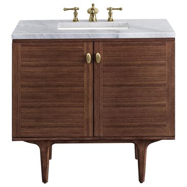 James Martin Amberly 36" Single Bathroom Vanity in Walnut with 3 cm Carrara White Marble Top and Rectangular Sink, , large