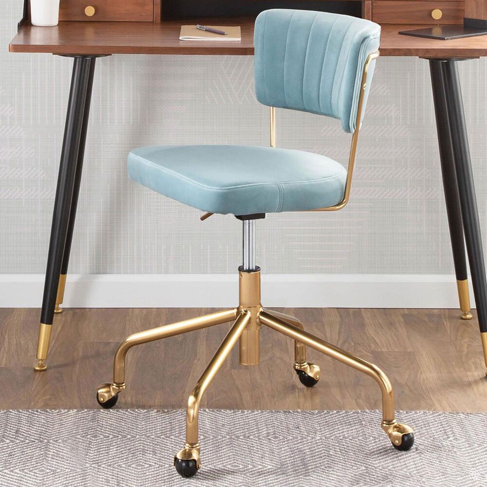 Lumisource Tania Task Chair with Light Blue Velvet Cushion in Gold, , large