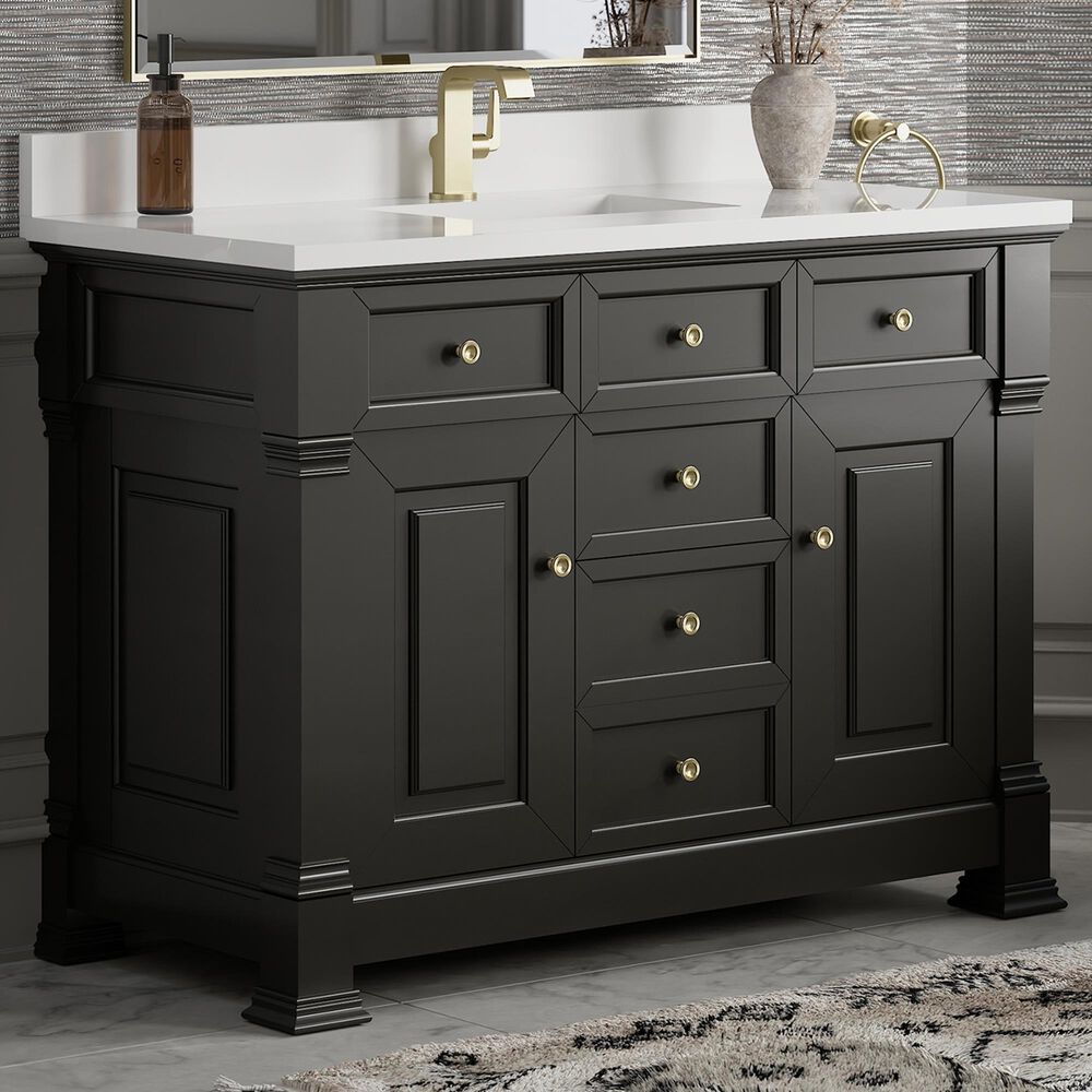James Martin Vanities Brookfield 48" Single Bathroom Vanity in Black Onyx with Single Hole 3 cm White Zeus Quartz Top and Rectangular Sink, , large