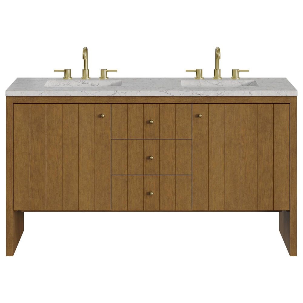 James Martin Hudson 60" Double Bathroom Vanity in Honey Oak with 3 cm Eternal Jasmine Pearl Silestone Top, Rectangular Sinks and FreePower Wireless Charger, , large
