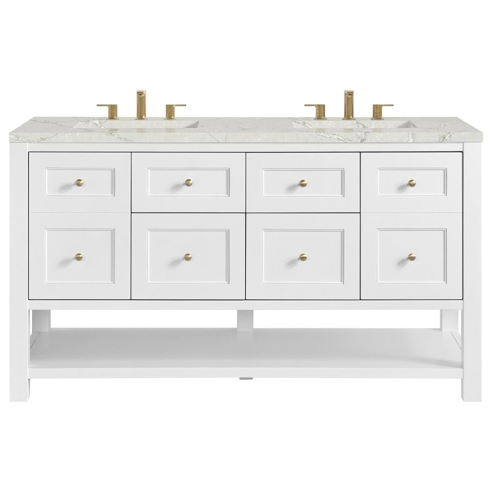 James Martin Vanities Breckenridge 60" Double Bathroom Vanity in Bright White with 3 cm Victorian Silver Quartz Top and Rectangular Sinks, , large