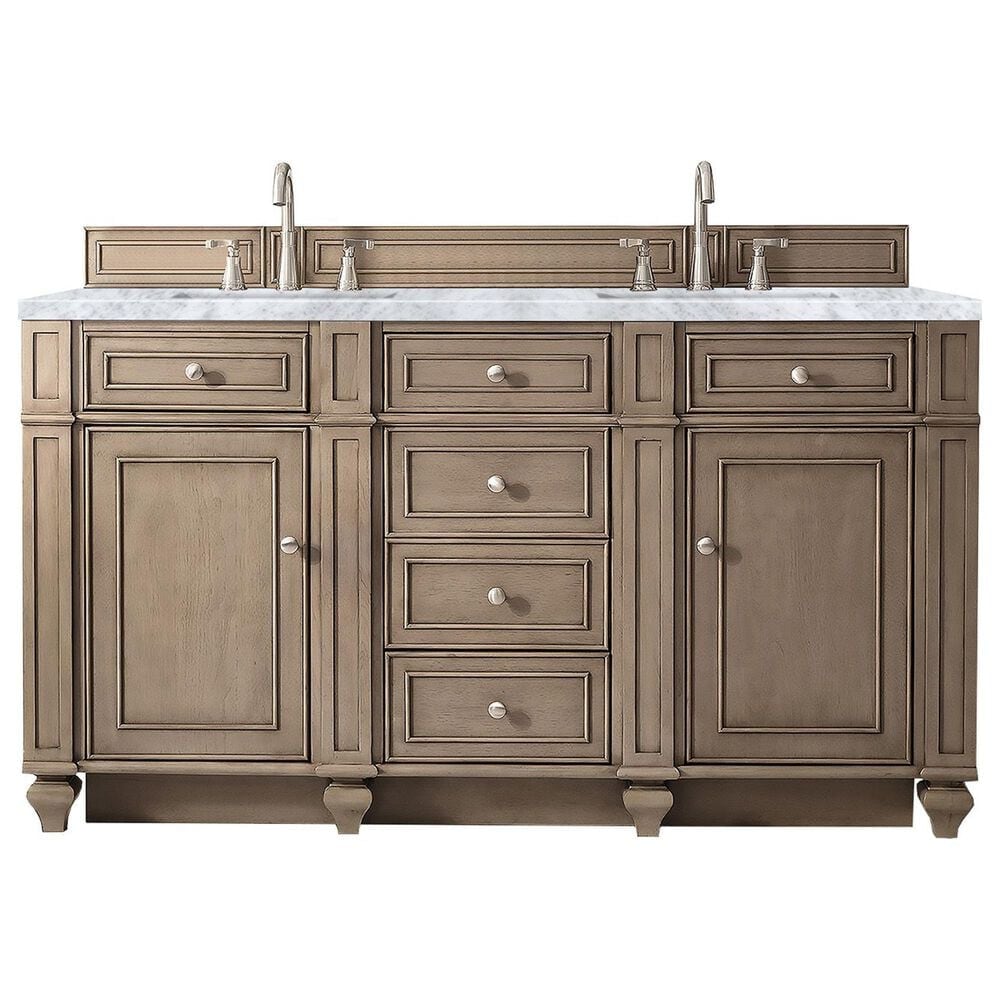 James Martin Vanities Bristol 60" Double Bathroom Vanity in Whitewashed Walnut with 3 cm Carrara White Marble Top and Rectangular Sinks, , large