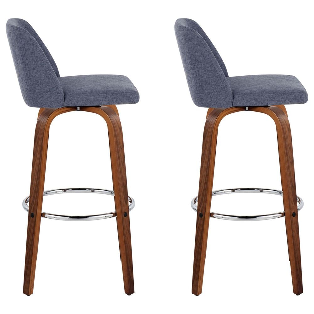 LumiSource Toriano Swivel Bar Stool with Blue Fabric Upholstery in Walnut and Chrome (Set of 2), , large