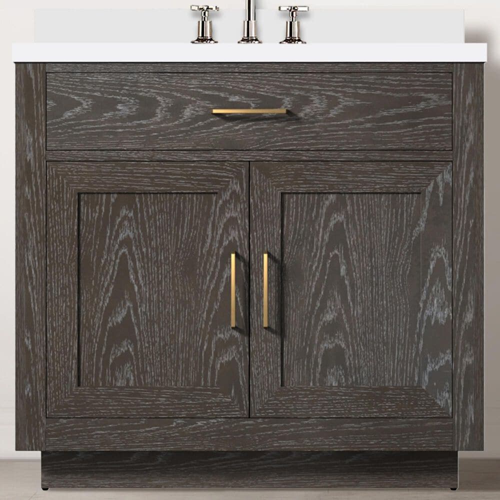 Lexora Home Abbey 36&quot; Single Bathroom Vanity in Brown Oak with 2 cm White Quartz Top and Rectangular Sink, , large