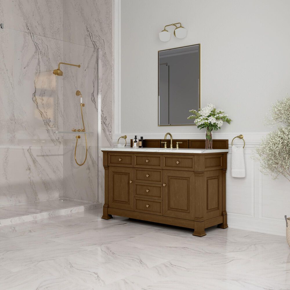 James Martin Vanities Brookfield 60" Single Bathroom Vanity in Honey Oak with 3 cm Ethereal Noctis Quartz Top and Rectangular Sink, , large