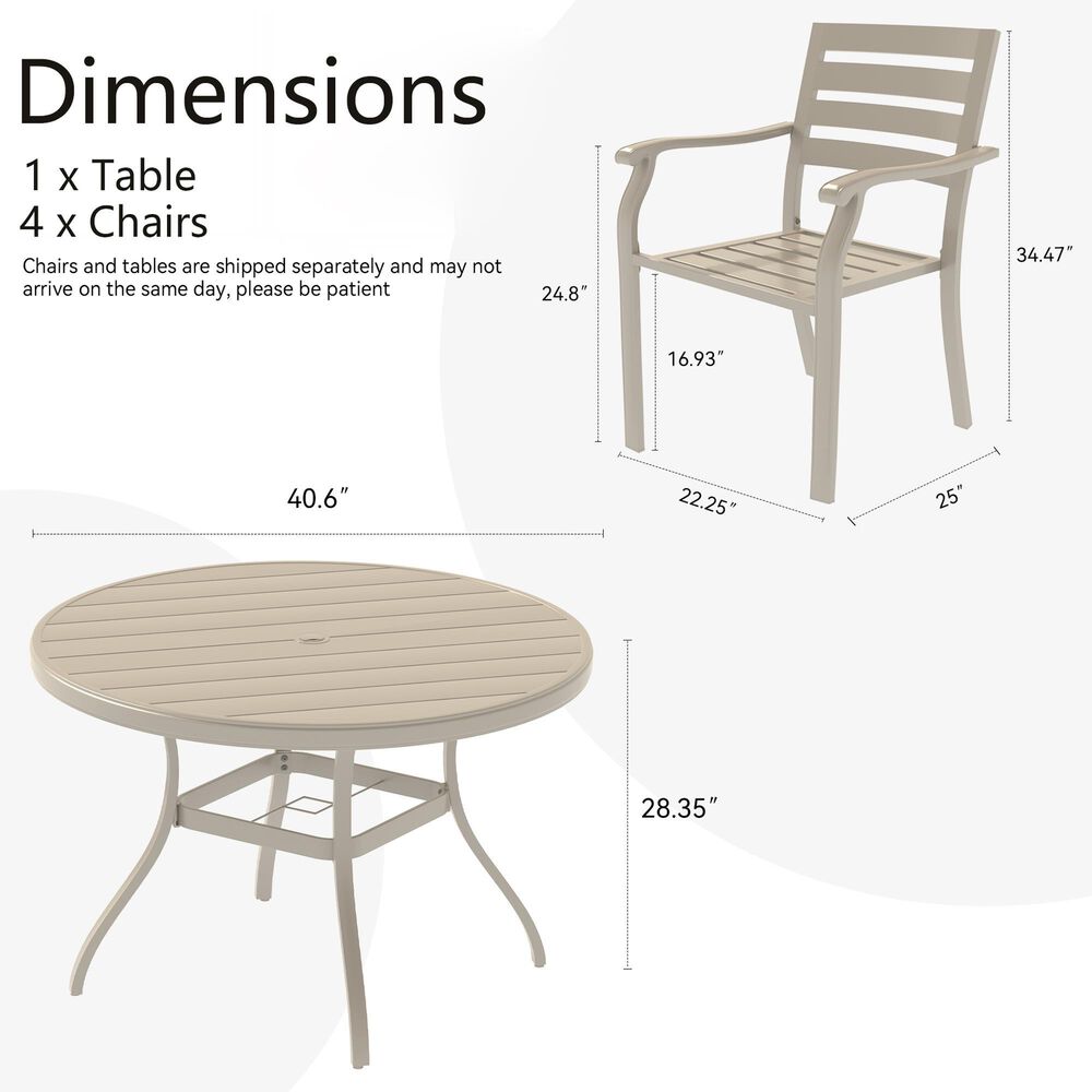 Hearth and Haven 5-Piece Outdoor Metal Dining Set with Stackable Chairs and Round Slatted Table in Sandstone, , large