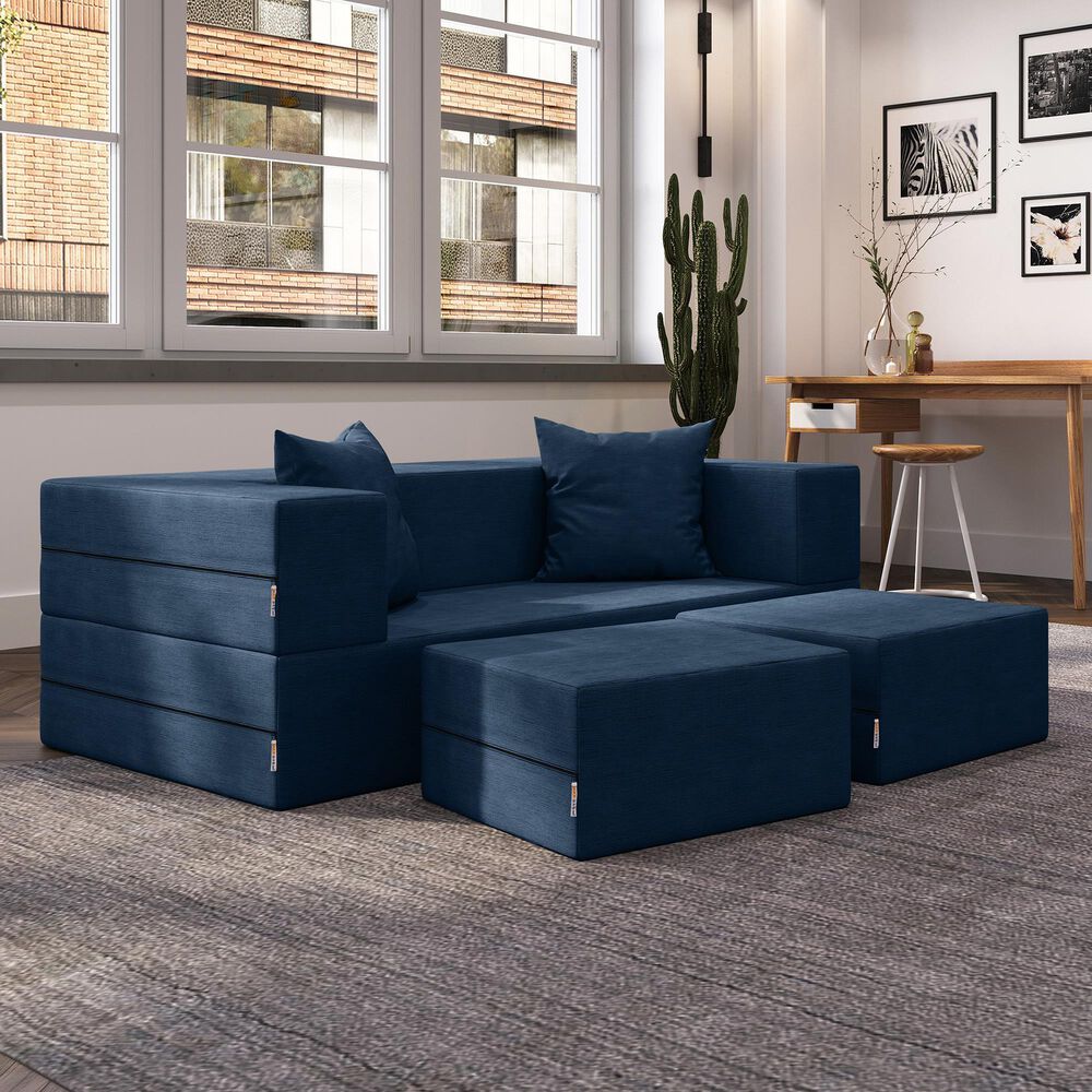 Jaxx Zipline 3-Piece Stationary Convertible Sleeper Loveseat in Indigo Velvet, , large