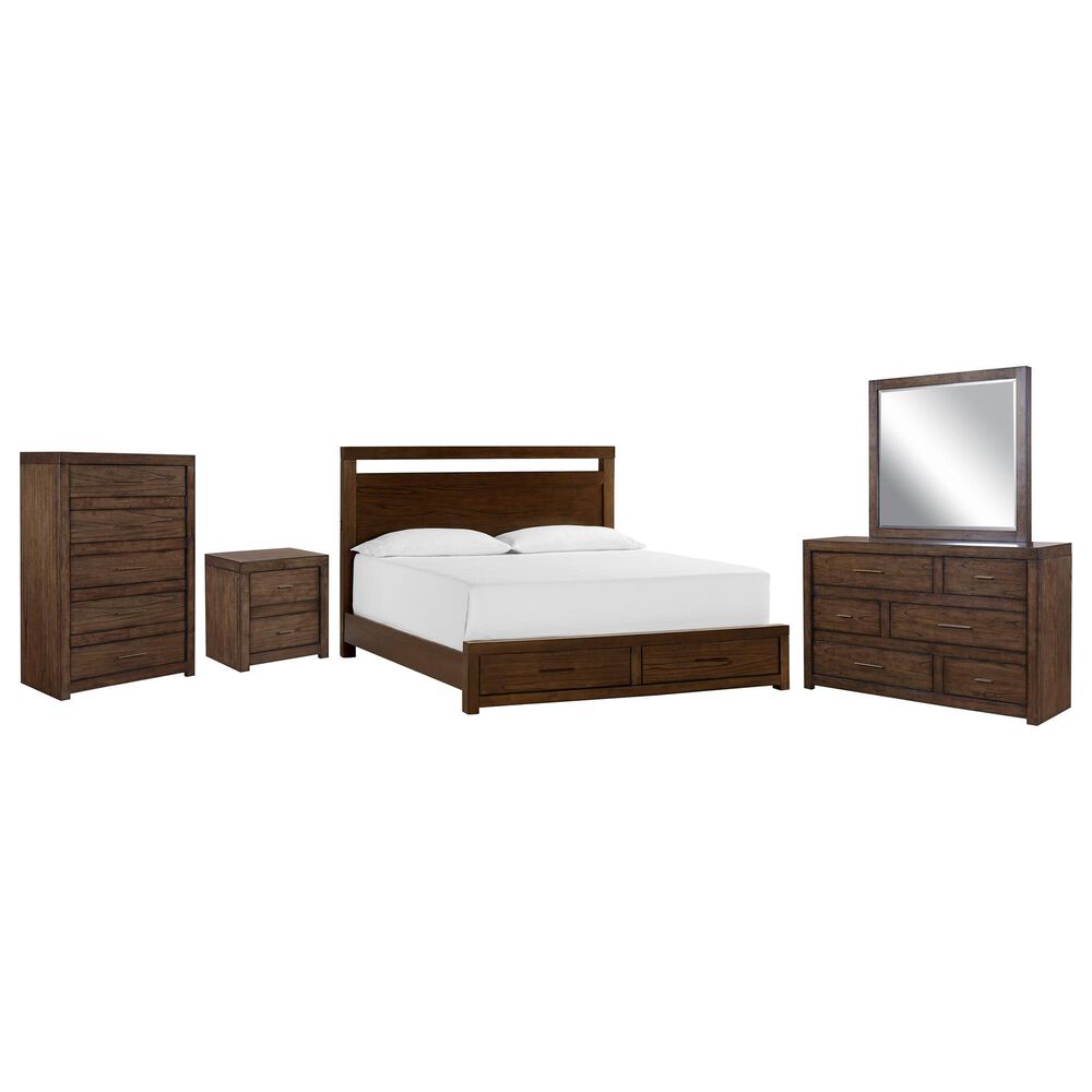 Riva Ridge Modern Loft 5 Piece Queen Storage Panel Bedroom Set in Brownstone, , large