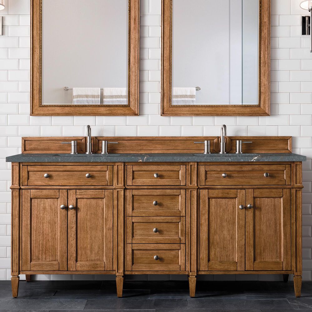 James Martin Vanities Brittany 72&quot; Double Bathroom Vanity in Saddle Brown with 3 cm Parisien Bleu Quartz Top and Rectangular Sinks, , large