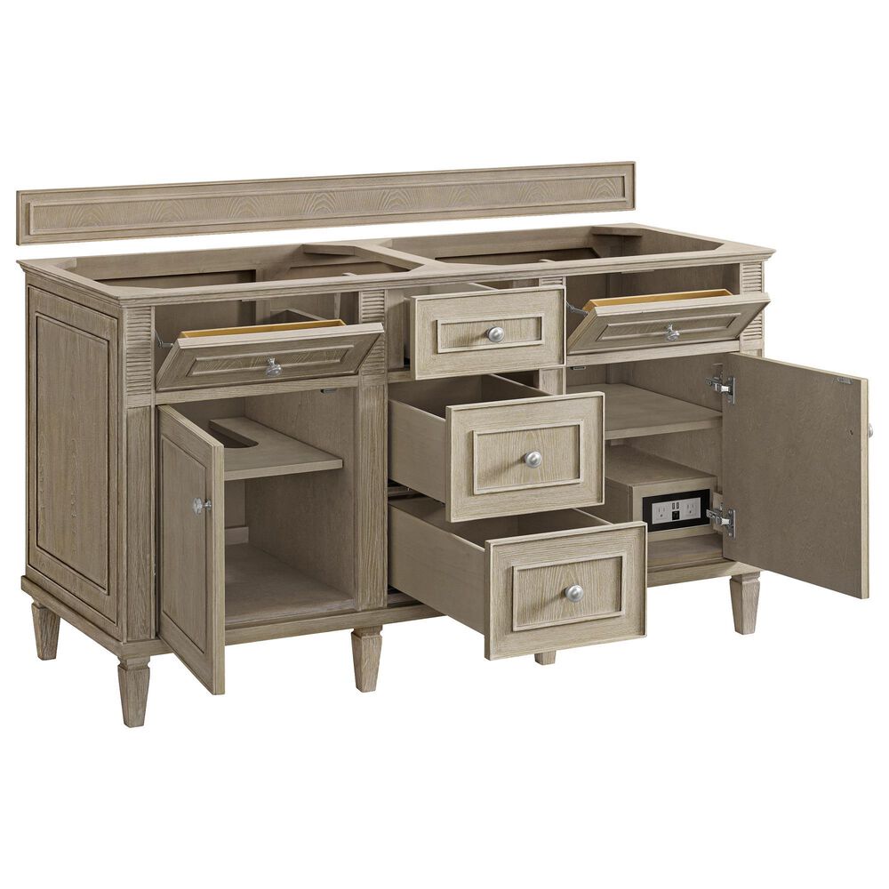 James Martin Vanities Lorelai 60" Double Bathroom Vanity in Whitewashed Oak with 3 cm Eternal Jasmine Pearl Silestone Top, Rectangular Sinks and FreePower Wireless Charger, , large