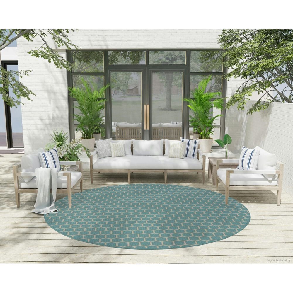Nourison Twist Reversible 8&#39; Round Aqua Indoor/Outdoor Area Rug, , large