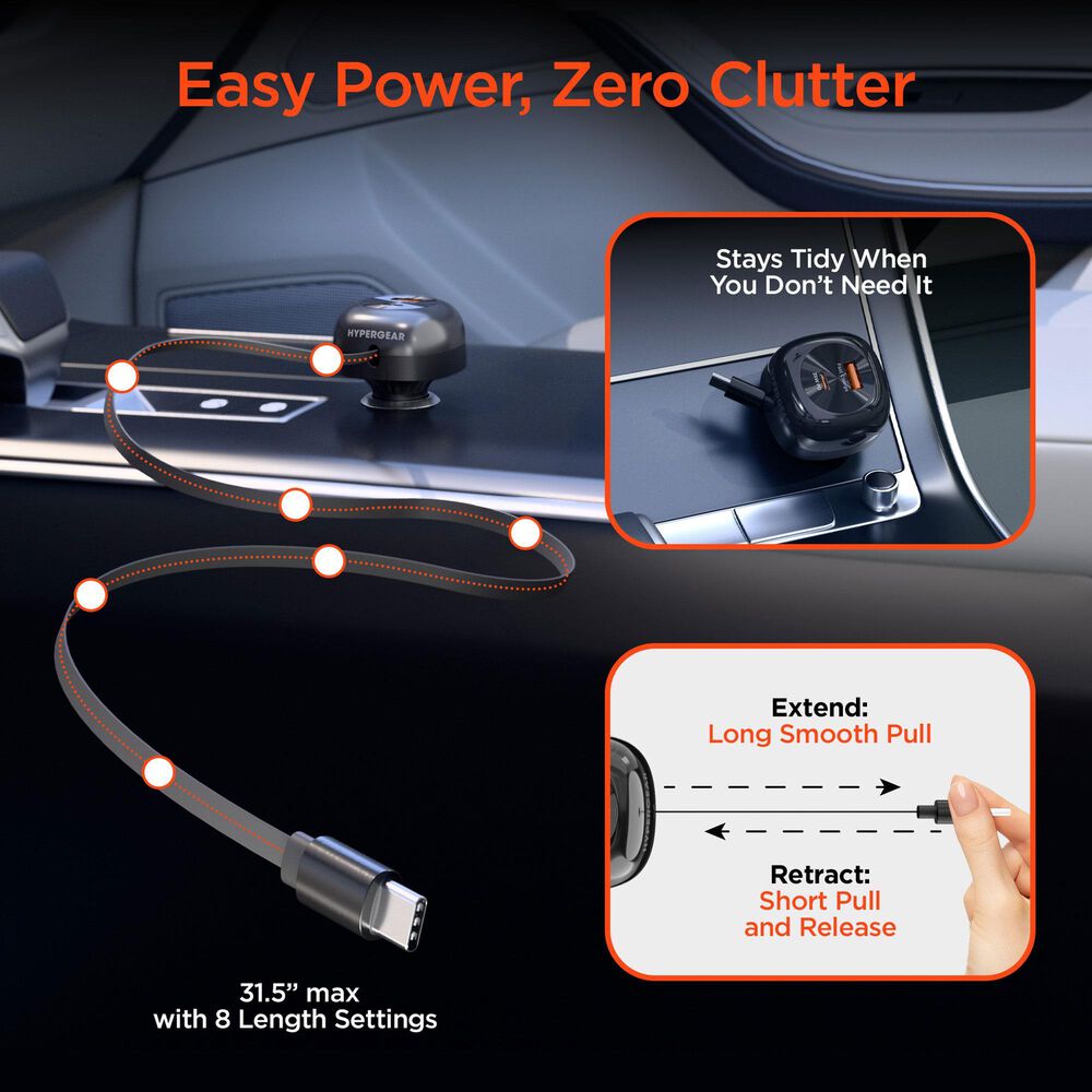 Hypercel SpeedBoost 3-in-1 Fast Car Charger with Retractable 30W USB-C PD Cable in Black, , large