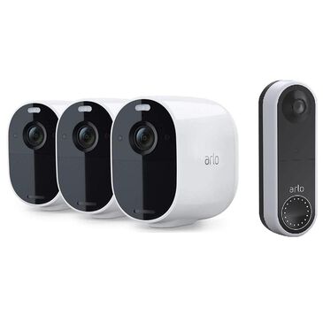 Arlo Essential Spotlight Wireless 3-Pack Camera in White + Essential Video Doorbell Wire-Free in White, , large