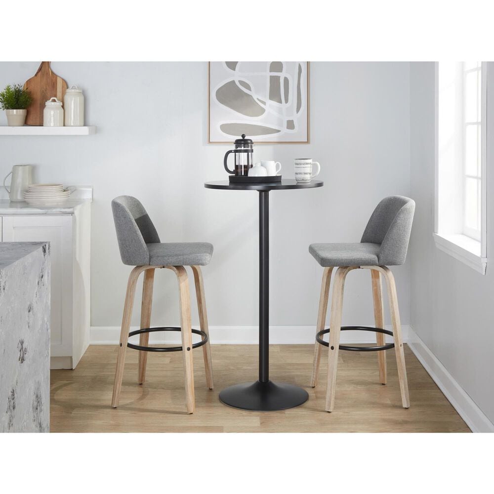 LumiSource Toriano Swivel Bar Stool with Grey Fabric Upholstery in Whitewashed and Black (Set of 2), , large
