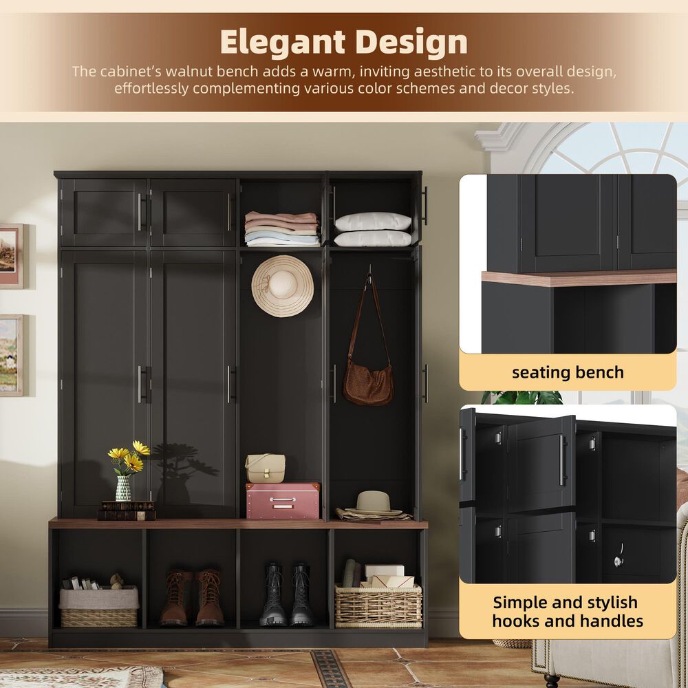 HOMLUX 4-Hook Hall Tree with 8-Door in Black and Walnut, , large